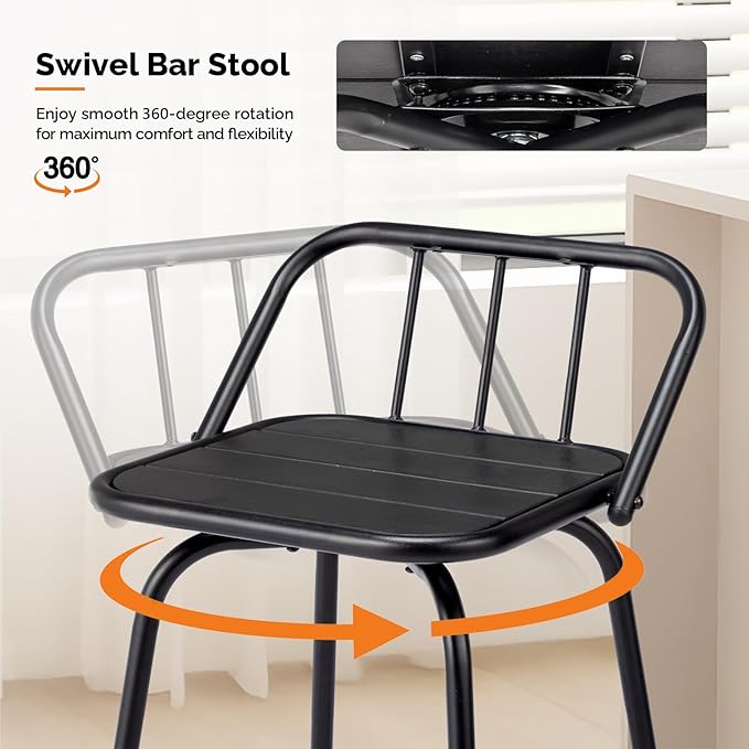 VINGLI 2 PCS Outdoor Swivel Bar Stools, 30 Inch Metal Barstools with Backrest & Footrest, 360° Rotating All-Weather Stools for Garden, Balcony, Kitchen Island (Black) VINGLI