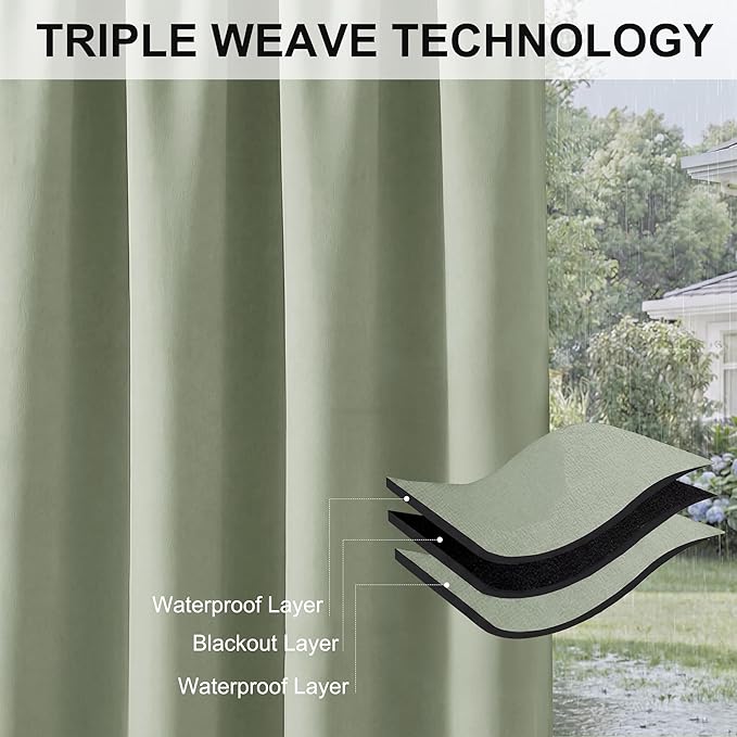 RYB HOME Outdoor Curtains for Patio Waterproof Block Sunlight Thermal Insulated Privacy Assured Thick Outside Curtains for Porch, Gazebo, Pergola, W52 x L84, Sage Green, 1 Panel RYBHOME