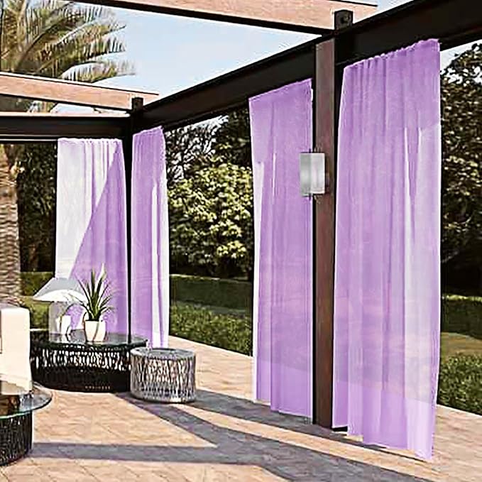 SpaceDresser Waterproof Outdoor Sheer Curtains for Patio - 2 Panels Rod Pocket Indoor Voile Sheer Curtain for Living Room,52W x 120L inch,Lavender SpaceDresser