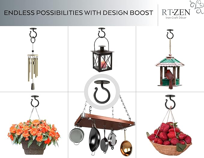 RTZEN Plant Hangers Indoor or Outdoor - Wrought Iron Metal Hanger Indoor Hook - Heavy Duty Wall Bracket Hooks for Hanging Plants Baskets Lanterns Wind Chimes - 2 Pack (Large Black Ceiling Hooks) RTZEN