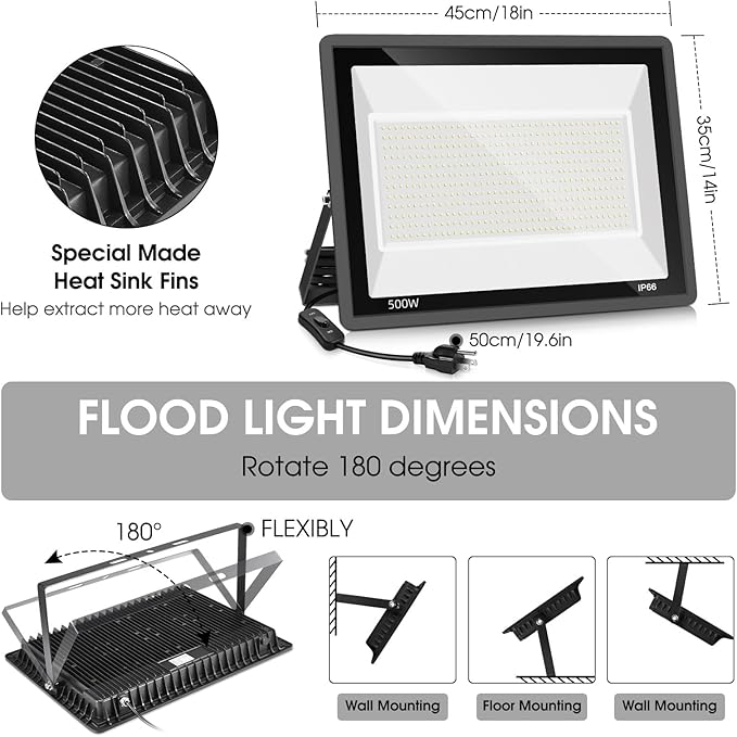 2 Pack 500W LED Flood Light Outdoor,2750W Equivalent Super Bright FloodLight with Plug,58600LM 5000K Daylight White IP66 Waterproof Commercial Lighting for Sports Fields,Counts,Arena,Stadium YANYCN