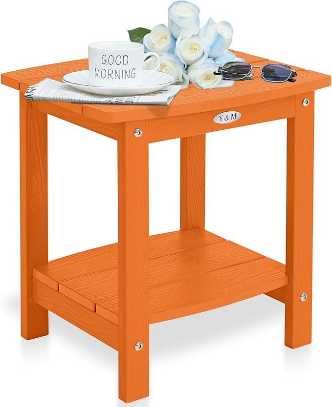 Y&M Outdoor Side Table, HIPS Adirondack Small Double Layer Table, Waterproof Square Outside Table, Balcony End Tables for Patio, Pool, Porch, Deck, Indoor or Outdoor Use, Orange YM