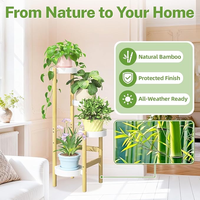 iDavosic.ly 4 Tier Bamboo Plant Stand Indoor Outdoor with Plastic Tray, Tiered Corner Flower Holder Shelf, Space Saving Orchid Display Rack for Patio Porch Living Room Garden Balcony, Natural White iDavosicly