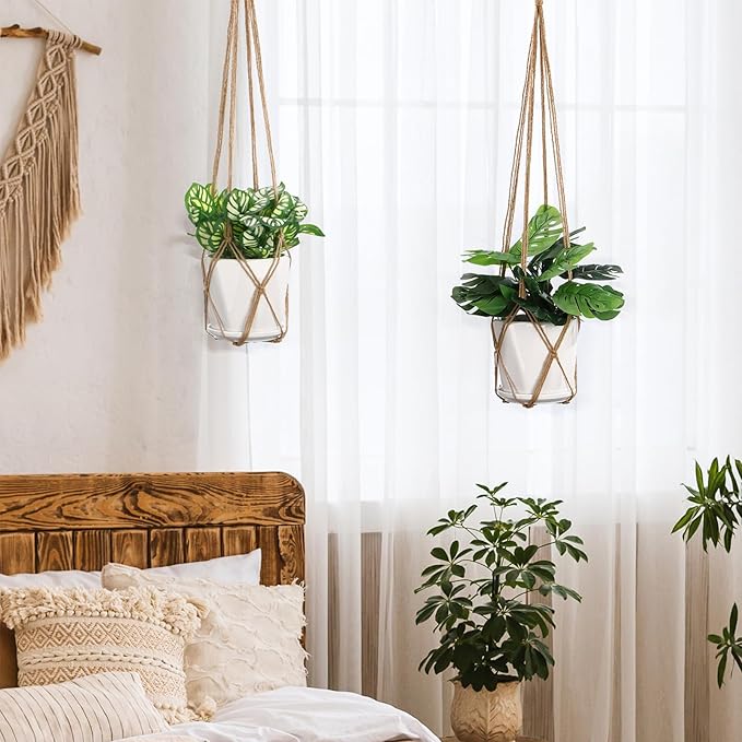 YIBOT Macrame Plant Hanger Indoor Set of 2 with 2 S Hooks, Indoor Outdoor Hanging Planter for Plants Holder with Decorative No Tassels, Boho Home Decor, 35 Inch, Brown (Pots Not Included) YIBOT