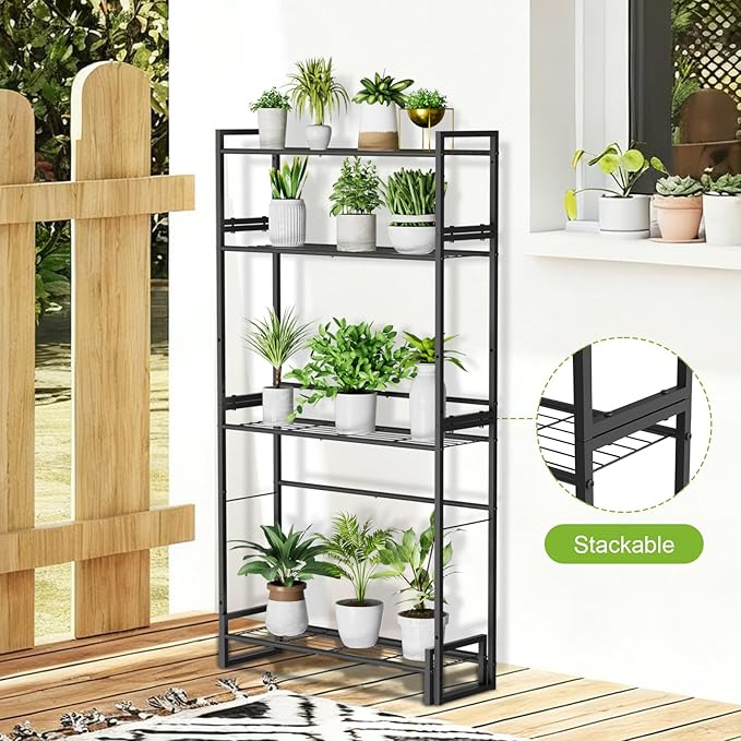Plant Stand, 4 Tier Stackable Tiered Plant Stand, Scalable Heavy Duty Tall Plant Shelf for Indoor Outdoor, Garden, Display Shelves, Flower Pot Holder, Black VyGrow