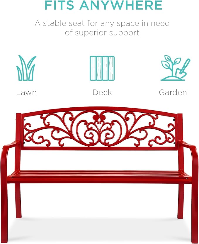 Best Choice Products Outdoor Bench Steel Garden Patio Porch Furniture for Lawn, Park, Deck w/Floral Design Backrest, Slatted Seat - Red BestChoiceProducts