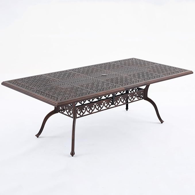 87" Cast Aluminum Outdoor Dining Table – Rectangular Red Copper Patio Table with Strawberry & Leaf Design, 2" Umbrella Hole, Weather-Resistant for Garden, Backyard, and Lawn Attliahome