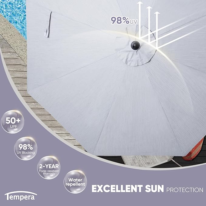 Tempera Patio Market Outdoor Table Umbrella with Auto Tilt and Crank, Large Sun Umbrella with Sturdy Pole & Fade Resistant Canopy, Easy to Set TemperaPatioLife