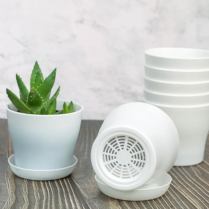 TDHDIKE 10 Pcs Plastic Planters Indoor Flower Plant Pots, Mini Flower Seedlings Nursery Pot/Planter/Flower Pot with Pallet, Modern Decorative Gardening Containers (White25) TDHDIKE