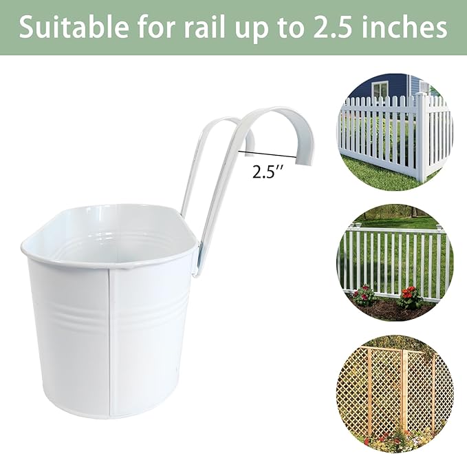 10" Hanging Flower Pots, Pack of 4 White Metal Outdoor Patio Balcony Planter, Railing Planters Fence Pot with Detachable Hook & Drainage Hole for Small Plants (White, 4Pcs) JOYFERNAL