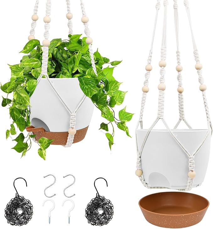 Hanging Planters for Indoor Outdoor Plants, 2 Pack Self Watering Hanging Pots, Hanging Plant Baskets with Drainage Holes & 2 Types of Plant Hangers (White, 6'') Vanslogreen