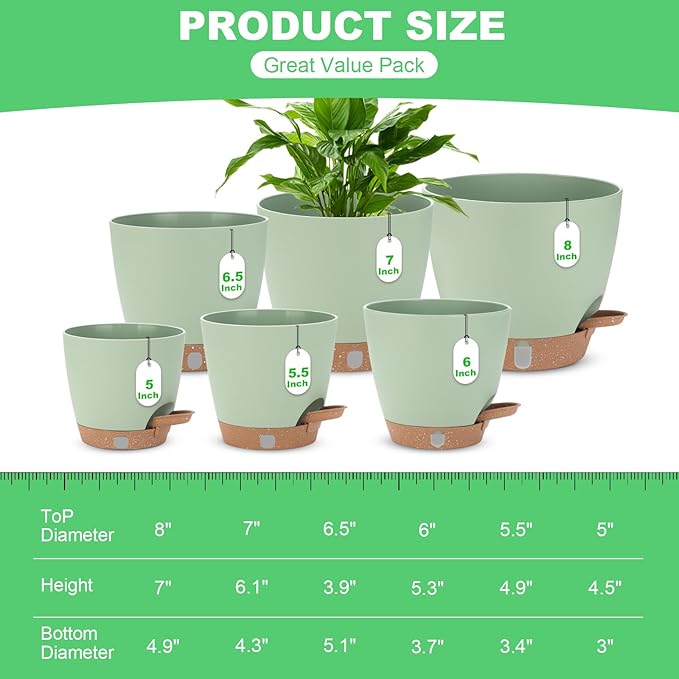Self Watering Planter Set with Visual Water Level, 6Pack Small Plastic Pot with Drainage Holes and Reservoir Saucers, Modern 8+7+6.5+6+5.5+5 Inch Bottom Watering Flower Pots for Indoor Plant - Green Ezmixcoop