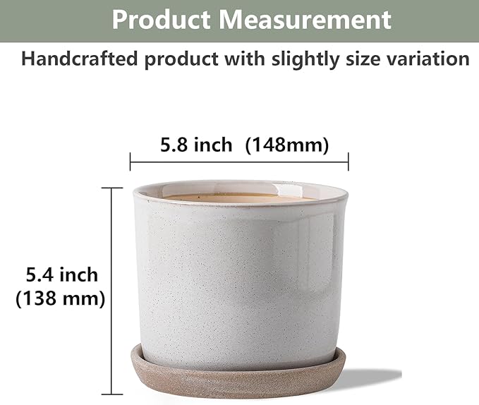 5.8 Inch Plant Pot: Ceramic Planter with Drainage Hole & Saucer for Indoor Outdoor Plants - Flowerpot with Bonded Tray for Home Office - Retro Style, Grey Chubacoo