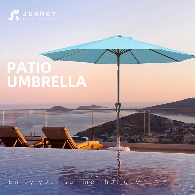 JEAREY 9FT Patio Umbrellas Outdoor Table Umbrella with Push Button Tilt and Crank, Market Umbrella 8 Sturdy Ribs UV Protection Waterproof for Garden, Deck, Backyard, Pool (Sky Blue) JEAREYOutdoorsCollection