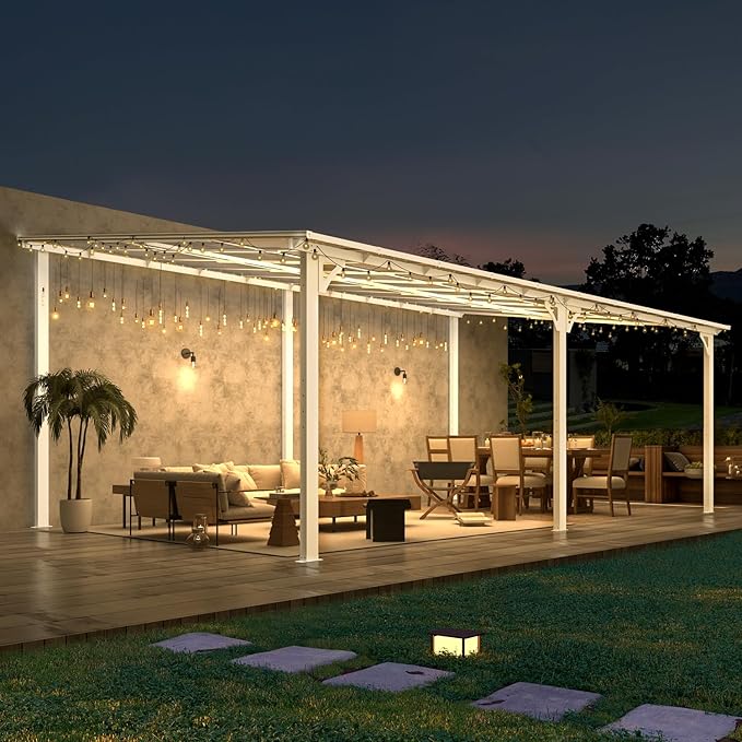 AECOJOY 20' x 12' White Gazebo Pergola, 12x20 Large Wall Mounted Lean to Pergolas and Gazebos on Clearance with Patio Roof, Outdoor Patio Metal Awnings for Decks, Porch, Backyard AECOJOY