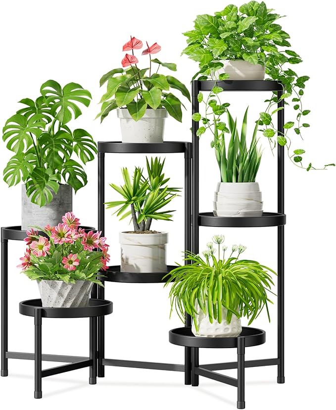 iDavosic.ly 7 Tier Large Plant Stand Indoor with 10 Inch Wide Tray, Tiered Corner Metal Outdoor Flower Display Holder Shelf, Folding Tall Rack for Patio Porch Living Room, Modern Black iDavosicly
