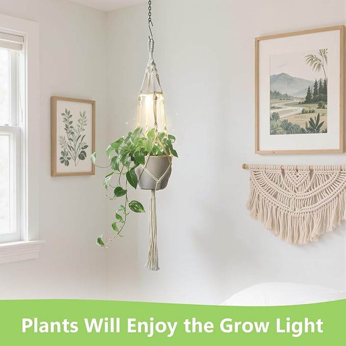 Macrame Plant Hanger with Grow Light: 2 Pack Sturdy Hanging Planters for Indoor Plants, Cute Plant Holder with Plant Light, Perfect for Different Size Pots (Daylight Spectrum) Rootora
