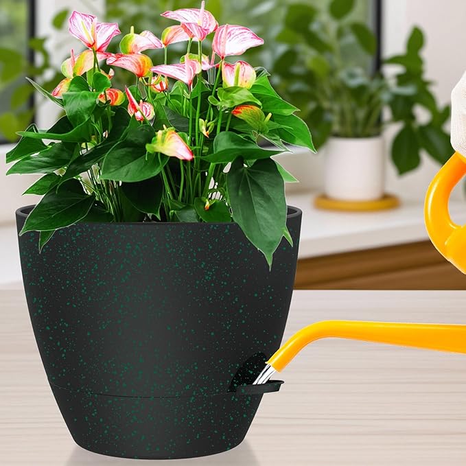 12 Inch Large Self Watering Pots, Flower Pots with Multi-Mesh Drainage Holes and Saucer, Planters for Indoor and Outdoor Garden Plants (Black with Green Speckles) Rootora