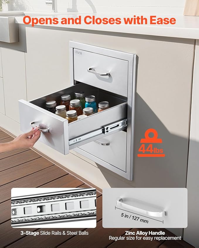 VEVOR Outdoor Kitchen Drawers 18.11" W x 23.23" D x 23.23" H, Triple-Access Stainless Steel Modular Drawer Cabinet with Handles, BBQ Island Drawer for Outdoor Kitchen or BBQ Island Patio Grill Station VEVOR