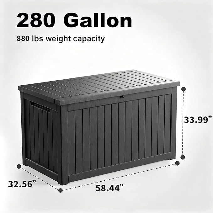 DRATO 280 Gallon Deck Box, Outdoor Large Waterproof Resin Storage Box with Lockable Lid for Patio Cushions, Gardening Tools（Black，280 Gallon） DRATOprovidesawarmandcozy