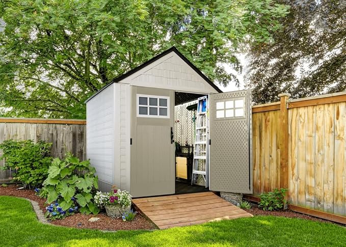 Rubbermaid 7 Foot by 7 Foot Weatherproof Outdoor Storage Shed for Garden Tools and Lawn Machinery Organization with Lockable Double Door Sandstone Rubbermaid