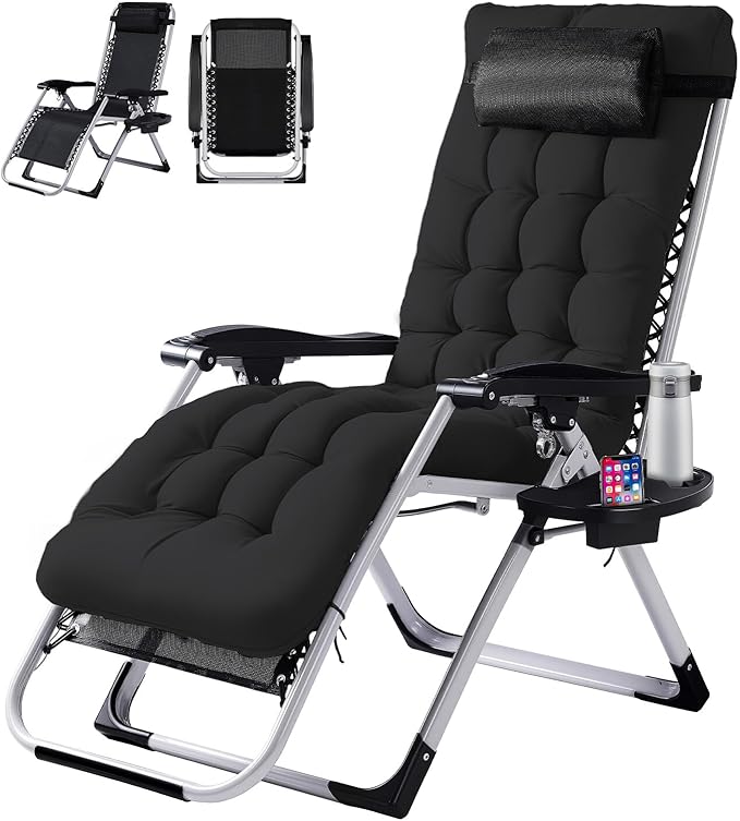 VINGLI Padded Zero Gravity Chair, Lounge Chair with Removable Cushion & Tray， Folding Reclining Patio Chairs， Recliner Chair for Lawn，Indoor Outdoor-Black VINGLI