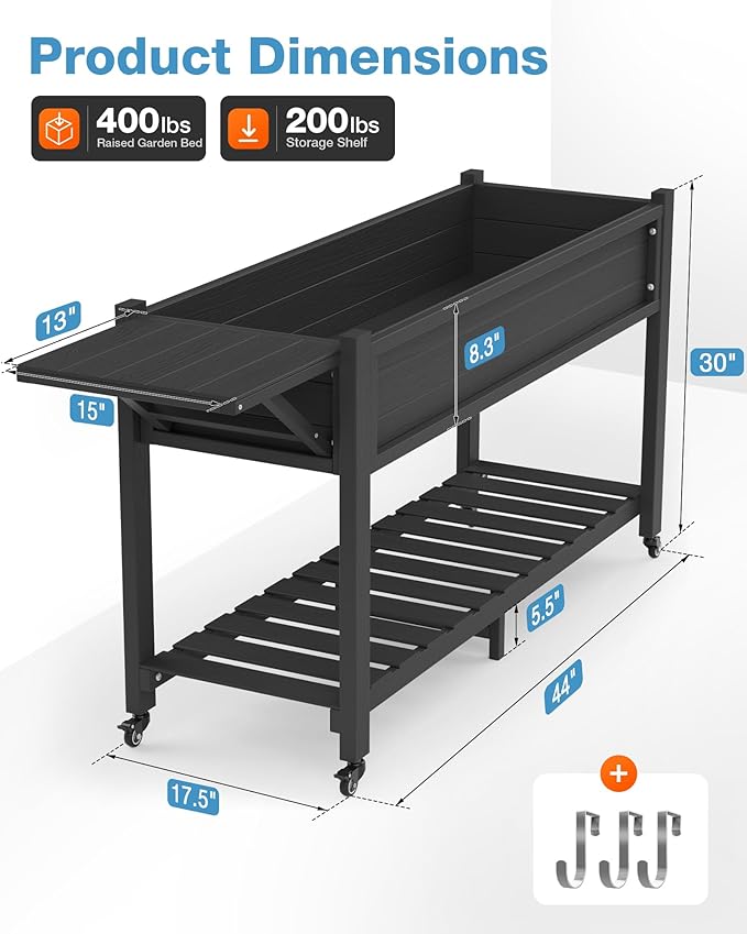 YEFU Raised Garden Bed with Legs: 57x18x30in Elevated Poly Planter with Wheels,Waterproof Mobile Raised Bed Garden, Elevated Planter Box Stand with Storage Shelf,For Deck,Patio,Porch,Yard (Black,2pcs) YEFU