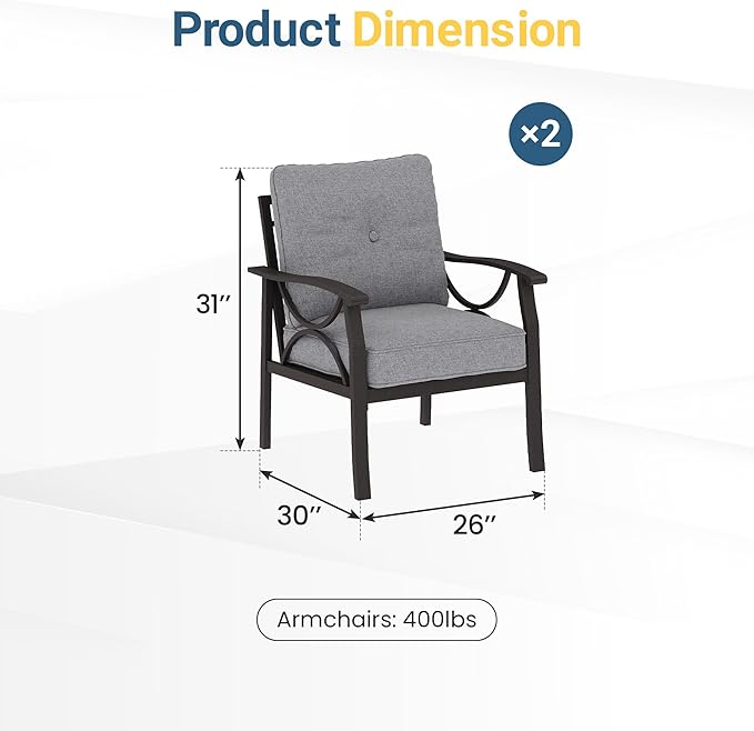 RoyalCraft 2 Pieces Outdoor Single Sofa,All-Weather Patio Metal Armchair,Khaki Metal Furniture with Gray Cushions Bringyoubetterlife