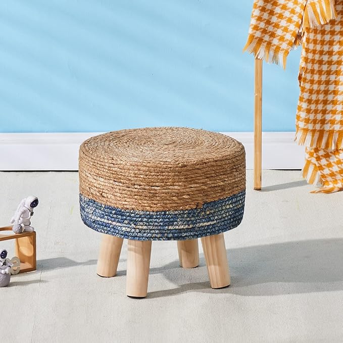 Wimarsbon Round Foot Stool Natural Seagrass Poufs Ottoman Hand Weave Footrest Stool for Couch Desk Extra Seat Step Stool with Solid Wood Legs for Hallway Patio Lounge Blue Wimarsbon