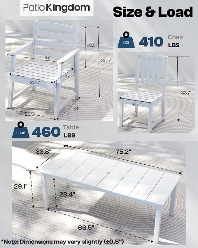 7-Piece White Outdoor Dining Set with Beige 11FT Large Patio Umbrella, 75.2'' HDPE Table & Chairs for 6, Weather-Resistant Furniture with Umbrella Hole for Patio, Lawn, Poolside PatioKingdom