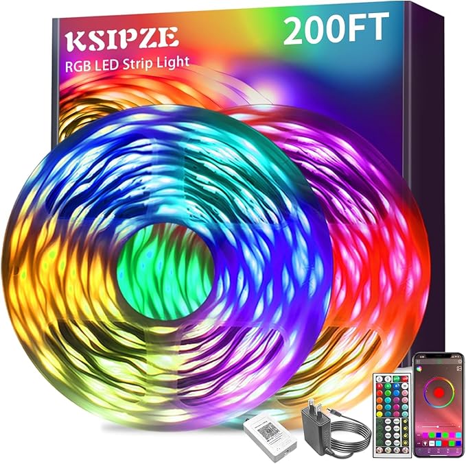KSIPZE Led Strip Lights 200ft(2x100ft) RGB Music Sync Color Changing Bluetooth Led Lights with Smart App Control Remote Led Lights for Bedroom Room Lighting Flexible Home Décor KSIPZE
