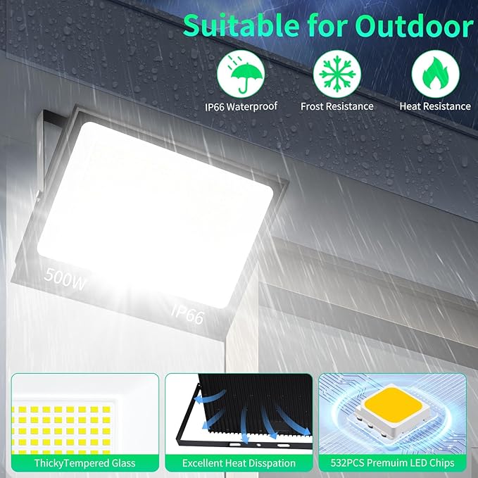 500W LED Flood Light Outdoor with Plug+10ft Cable, 60000LM Ultra Brighter 5000K Exterior Security Light, IP66 Waterproof Commercial Lighting for Sports Fields Counts Arena Stadium(2 Pack) ISUERFY-BornforGlowParty
