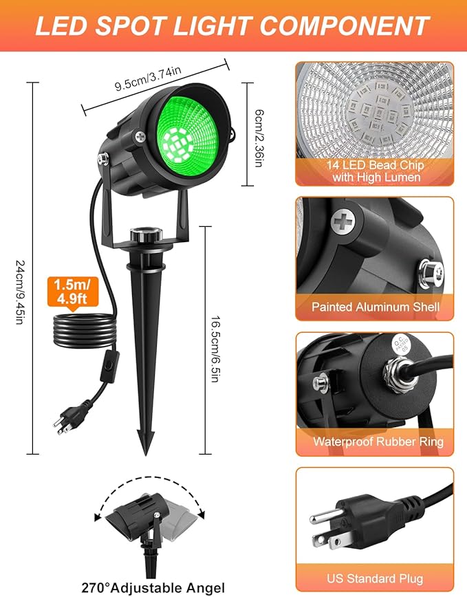 Green LED Spot Lights Outdoor, 14 LED Landscape Lighting with US Plug, IP65 Waterproof Spotlights for Tree Yard Garden Pathway Flag St. Patrick's Day Halloween Christmas Decor 2 Pack CREPOW