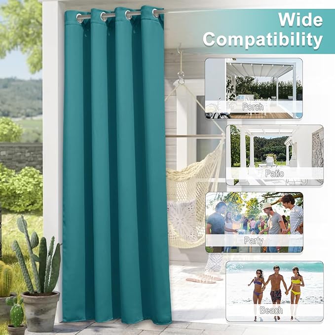 NICETOWN Peacock Teal Outdoor Curtain for Patio Waterproof, Rustproof Grommet Thermal Insulated Privacy Shade for Balcony/Porch, Weatherproof Curtain for All Season, W52 x L72, 1 Panel NICETOWN