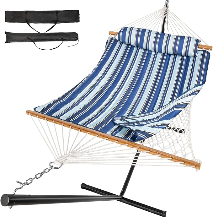 2 Person Outdoor Hammock with Stand, Cotton Rope Hammock with Polyester Pad, Adjustable Steel Frame, Portable with Carrying Bag – for Patio, Backyard, Garden, Beach, Blue Stripe Rootora