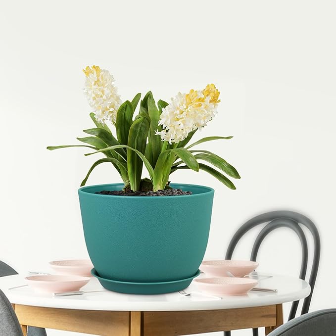 Plant Pots 12 inch, Plastic Planters with Drainage Holes and Saucers, Large Flower Pots for Indoor Outdoor Plants, Modern Decorative Pots for Garden House Plants, Blue Green Meowell
