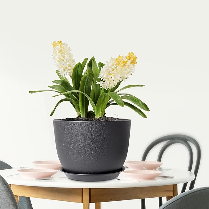12 inch Large Plant Pots, Plastic Planters with Drainage Holes and Saucers, Flower Pots for Indoor Outdoor Plants, Modern Decorative Pots for Garden House Plants, Black Meowell
