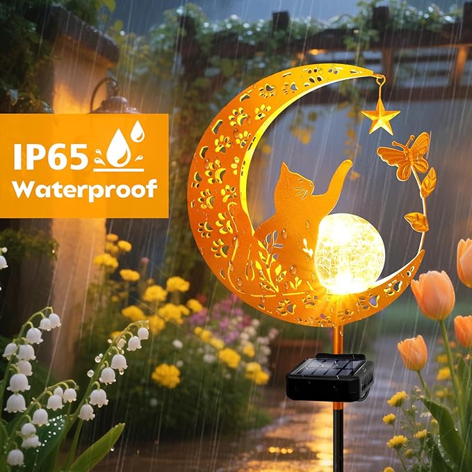 YJFWAL Garden Solar Cat Lights Pathway Stake Lights Glass Globe with Moon Cat Decor, Christmas Gift for Mom Grandma Friends, Outdoor Decor Light Waterproof for Walkway, Patio or Garden (Warm White) YJFWAL