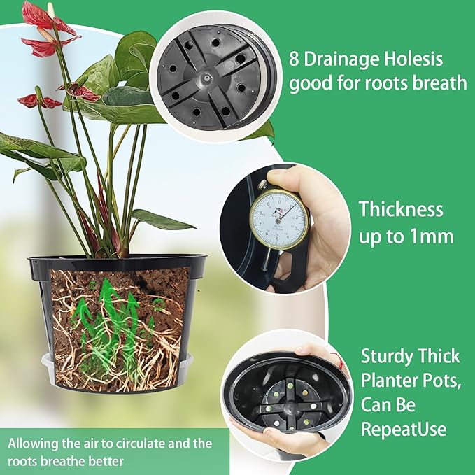 12 Pack Plant Pots, 8 Inch Plant Planter with Clear Saucer, Plastic Pots for Plants Indoor and Out Door Such as Strawberry, Herb and Flowers (Black) RooTrimmer
