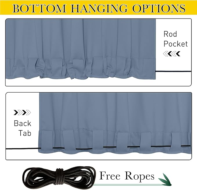 NICETOWN 2 Panels Outdoor Curtains Waterproof Pocket & Back Tab on Top & Bottom, Thermal Insulated Fixed Windproof Outdoor Drapes Privacy for Patio with Rope for Fixed, W52 x L95, Stone Blue NICETOWN