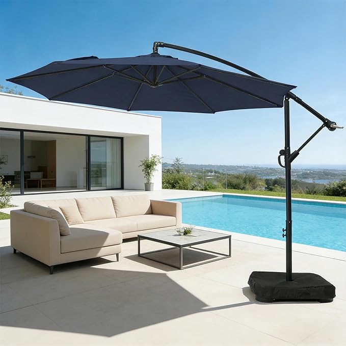 wikiwiki 10ft Patio Umbrella with Base Included, Outdoor Offset Cantilever Umbrella with Sandbag Base for Backyard, Garden and Pool, Easy to Tilt and Crank, Navy Blue WikiwikiPatioUmbrellas