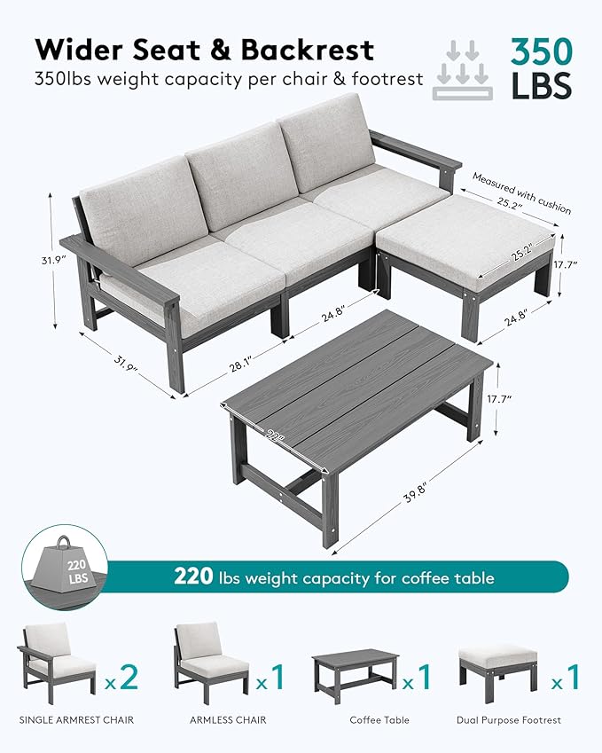 SERWALL Outdoor Sectional Sofa Set, 5-piece Outdoor Modula Couch Set with Ottoman, All Weather Patio Furniture Set with Chaise for Deck, Lawn, Gray Frame with Khaki Cushion SERWALL