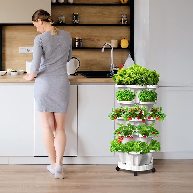 7 Tiered Strawberry Vertical Planter 2 Pack, Stackable Tower Garden Planter Herb Garden Planter with Movable Casters and Bottom Saucer Indoor and Outdoor - Black Tectsia