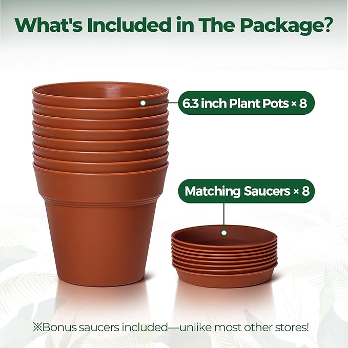 T4U 6 Inch Plant Pot 8-Pack, Plastic Planter with Drainage Hole and Saucer, Decorative Nursery Pots Bulk for African Violet, Snake Plant, Succulent, Herb and Plants Indoor (8 Pcs 6" Pots) T4U