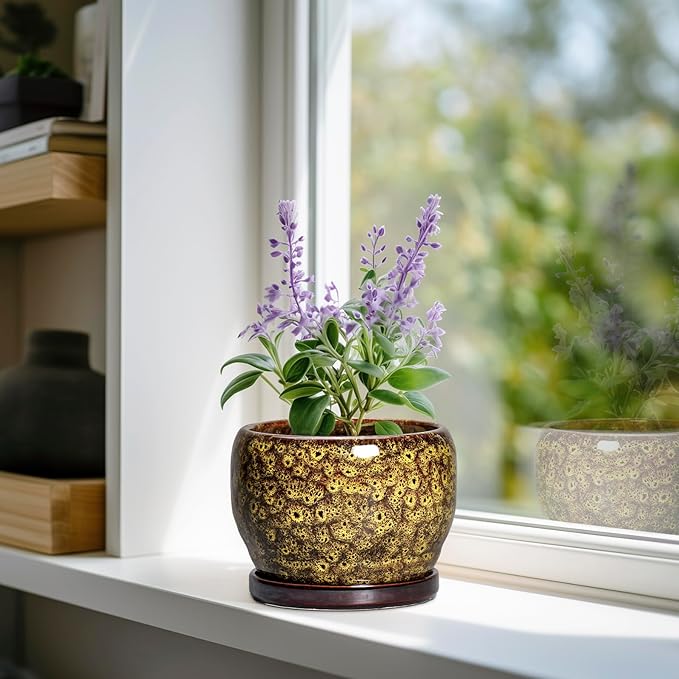 SQOWL 6 Inch Plant Pot - Ceramic Flower Pots with Drainage Hole and Saucer, Ceramic Planter for Indoor Plants Outdoor, Round Decorative Small Planter, Table Desk Decor, Housewarming Gifts, Yellow SQOWL