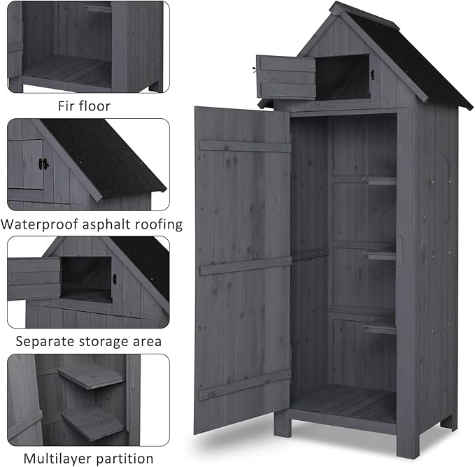 Outvita 70in Outdoor Storage Shed, Waterproof Wooden Garden Storage Cabinet with Lockable Door, Grey Outvita
