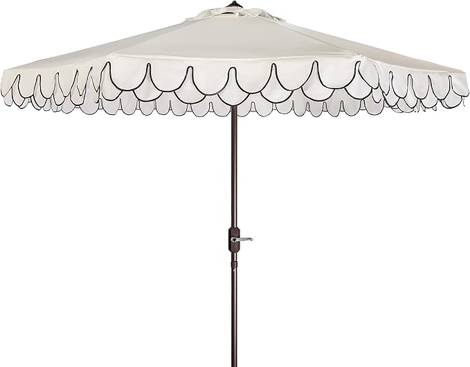 SAFAVIEH 9ft Outdoor Patio Umbrella, Round, Valance, Ivory & Black Trim, Auto Crank Tilt, UV Resistant for Deck, Backyard, Poolside (PAT8006E) SAFAVIEH
