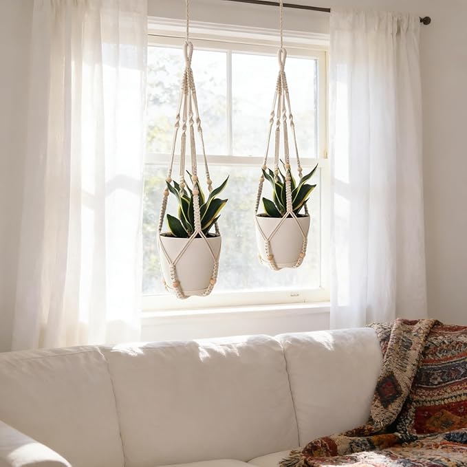Macrame Plant Hanger for 4-12 Inch Pot Indoor Crochet Hanging Plant Holder Outdoor Boho Home Decor Basket wall Window Rope White Large Long (Ivory) HUIHONGHOME