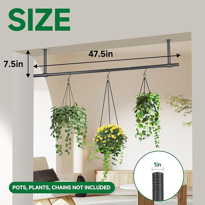 Hanging Planters Rod – Plant Hanger Indoor for Window Ceiling, Hanging Plant Shelf for Wall Planter House Plants, Plant Shelves Metal Holder Bar 47.5In (Pots, plants, chains not included) Rootora
