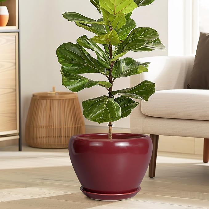 10 Inch Plant Pot - Ceramic Planter Pot with Drainage Hole and Saucer Large Planter for Indoor Plants Round Outdoor Flower Pot Mid-Century Decor Red Ceramicfor